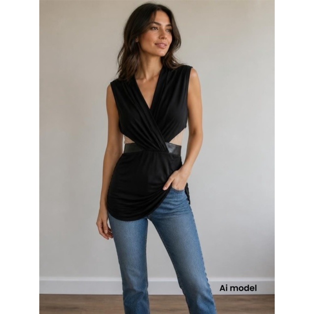 Black Sleeveless Surplice Cutout Top with Faux Leather‎ Trim and Mesh Detail